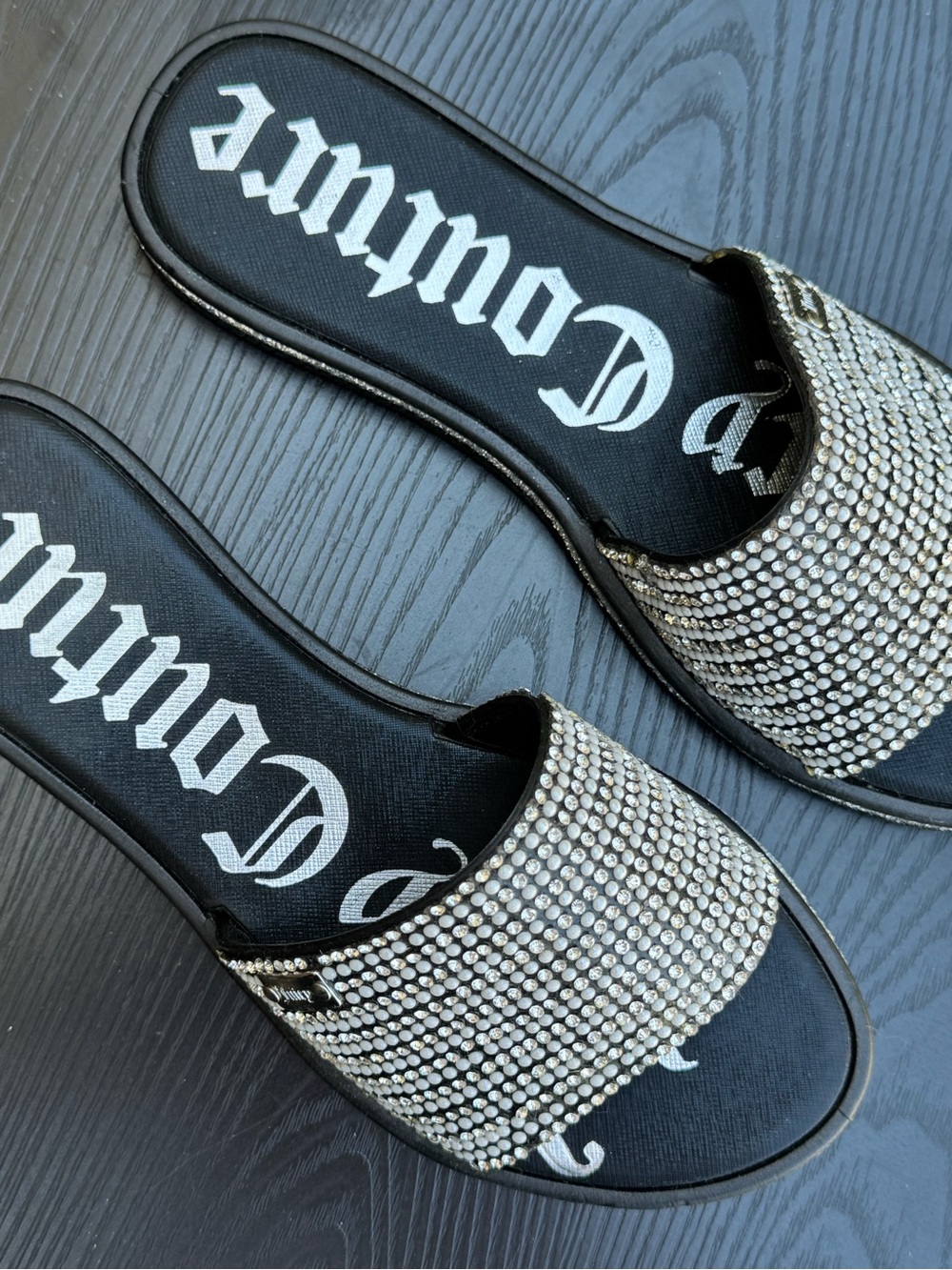 Women’s Juicy Couture Black Rhinestone Slide Sandals - Picture 2 of 5